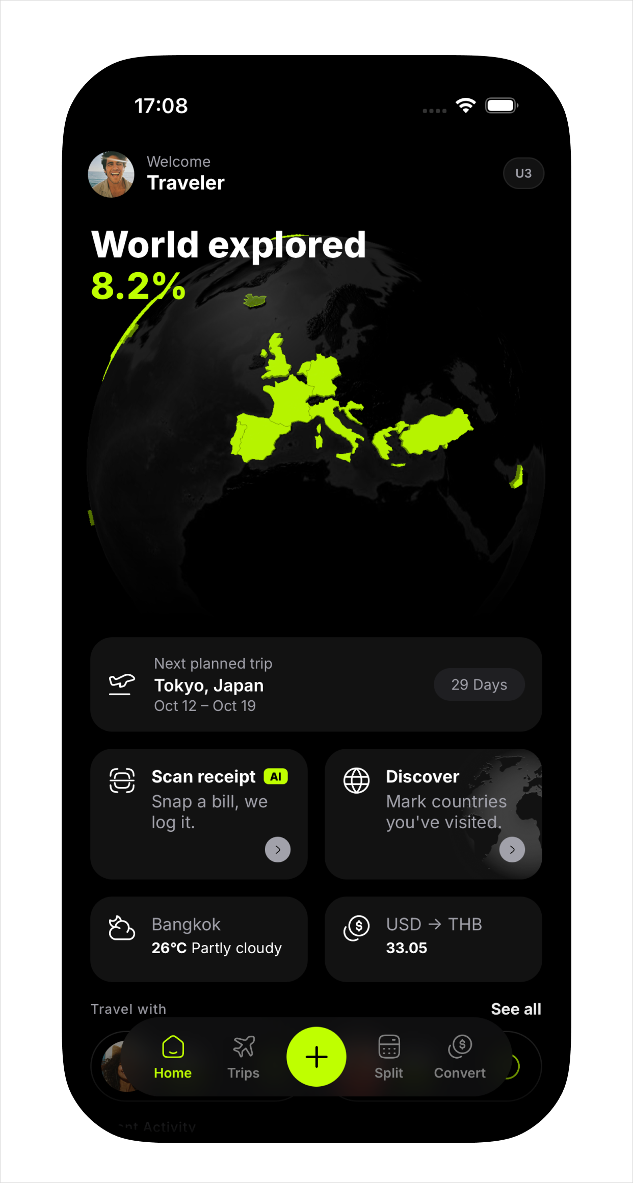 Moniq Home showing 8.2% world explored, a globe with visited countries, and the next planned trip