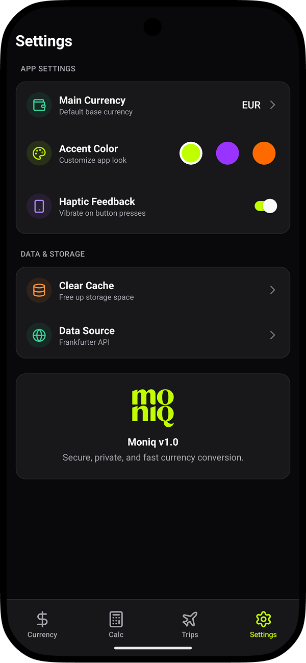 Settings screen with accent color themes and language options