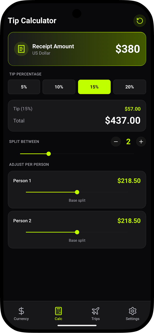 Tip Calculator with 15% tip on $380, split between 2 people