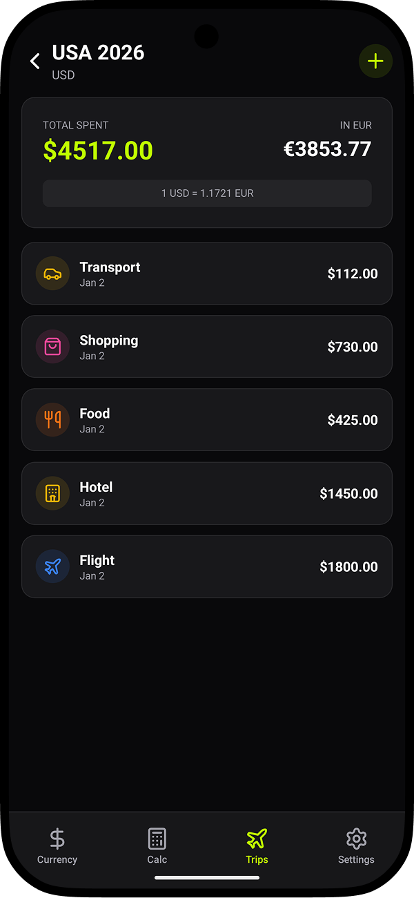 Trip expenses list showing transport, shopping, food, hotel, and flight costs